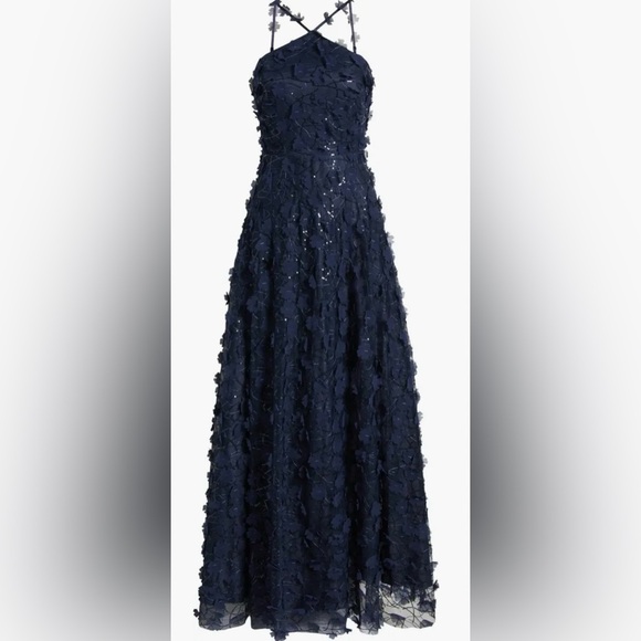 NWOT Eliza J Floating 3D Flowers Halter Style Navy Blue Ball Gown Sz 10 - Picture 5 of 10